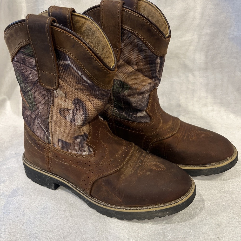 Itasca Youth Boys Buckaroo Realtree Camo Brown Leather Cowboy Boots Sz 5